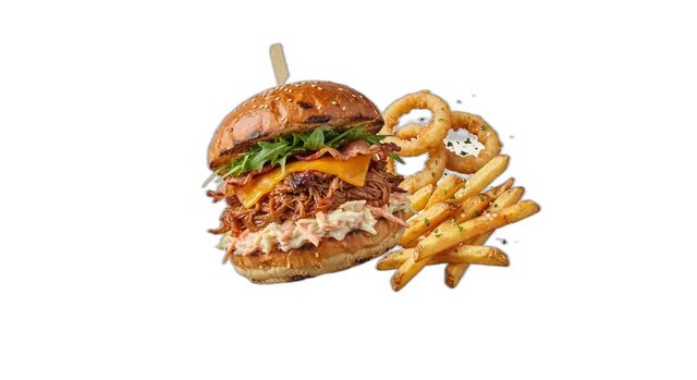Beef Rib Burger mit Coleslaw und frittierten Beilagen