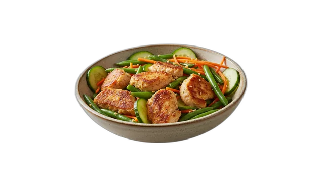 Bowl mit gebratenem Hähnchen, grünen Bohnen, Gurken und Karotten