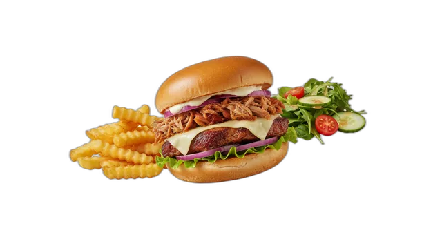 Burger mit Pulled Fleisch, Pommes frites und Beilagensalat