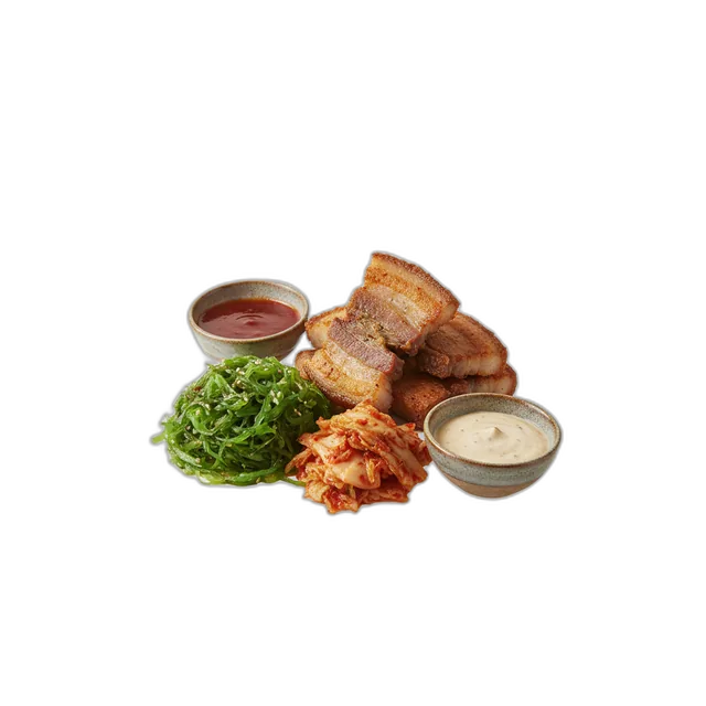 Frittierter Schweinebauch mit Wakame Salat, Kimchi und Saucen
