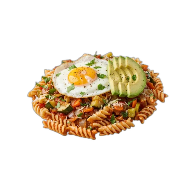 Fusilli mit Gemüseragout, Spiegelei und Avocado