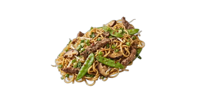 Gebratene Nudeln mit Rindfleisch, Zuckerschoten und Shiitake-Pilzen