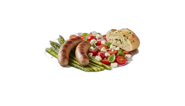 Gegrillte Bratwurst mit grünem Spargel, Tomaten-Feta-Salat und Kräuterbaguette