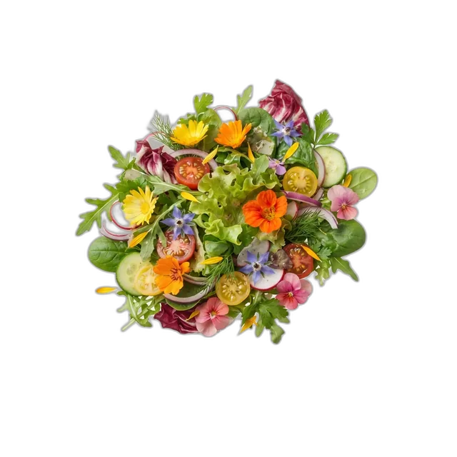 Gemischter Blattsalat mit Tomaten und essbaren Blüten