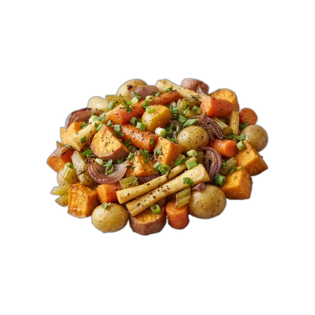 Geschmortes Wurzelgemüse mit Süßkartoffeln und Frühlingszwiebeln