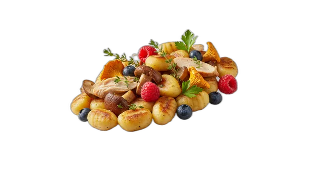 Gnocchi mit Pilzen, Hähnchen, Beeren und Kräutern