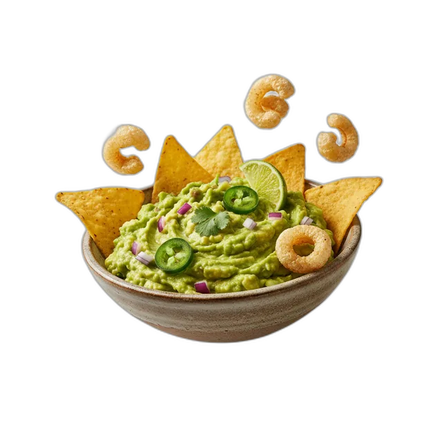 Guacamole mit Tortilla Chips und Schweineschwarten
