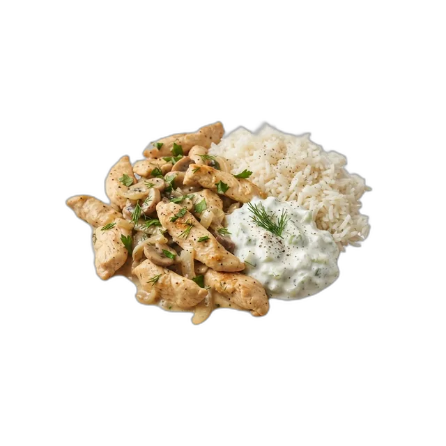 Hähnchengeschnetzeltes mit Reis und Tzatziki