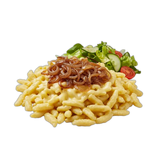 Käsespätzle mit geschmorten Zwiebeln und grünem Beilagensalat
