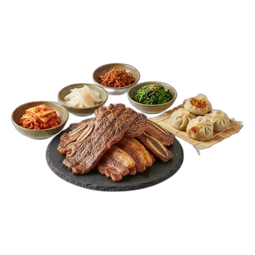 Koreanisches BBQ mit Rindfleisch, Schweinebauch, Dumplings und mehreren Banchan