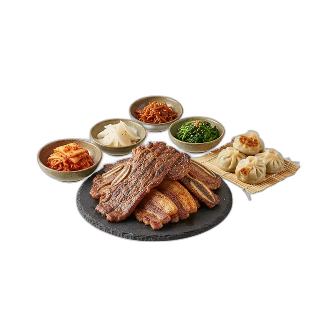 Koreanisches BBQ mit Banchan und Dumplings