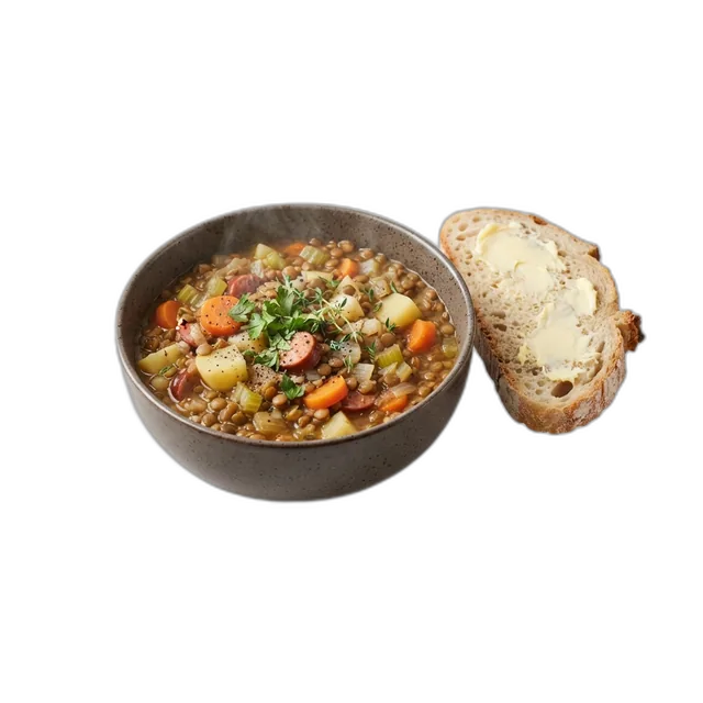 Linseneintopf mit Kartoffeln und Karotten sowie einer Scheibe Butterbrot