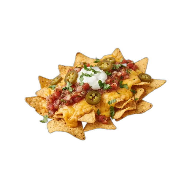 Nachos mit Käsesauce, Sour Cream, Salsa und Jalapeños