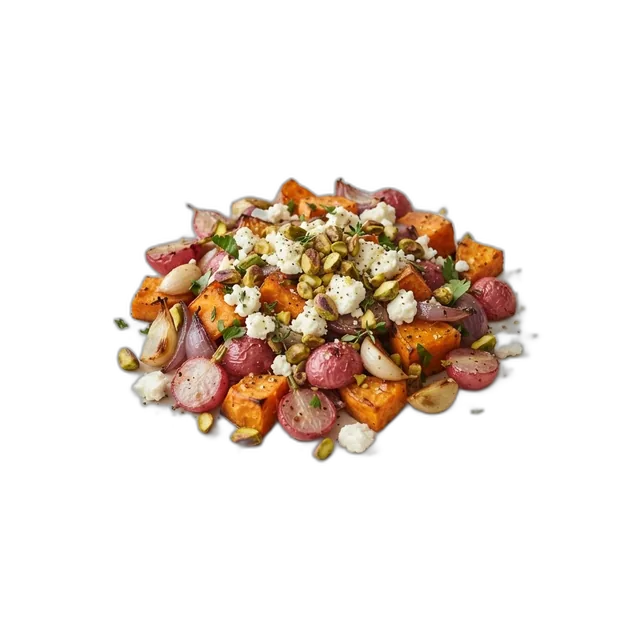 Ofengemüse mit Süßkartoffeln, Radieschen, Feta und Pistazien