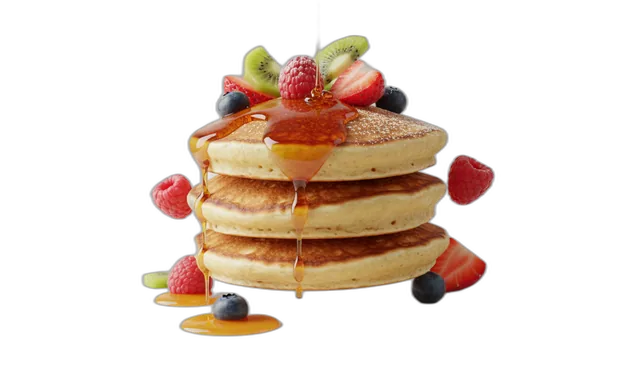 Pfannkuchen mit frischem Obst und Ahornsirup