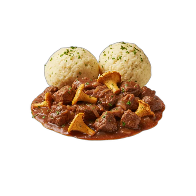 Rindergulasch mit Pfifferlingen und Semmelknödeln
