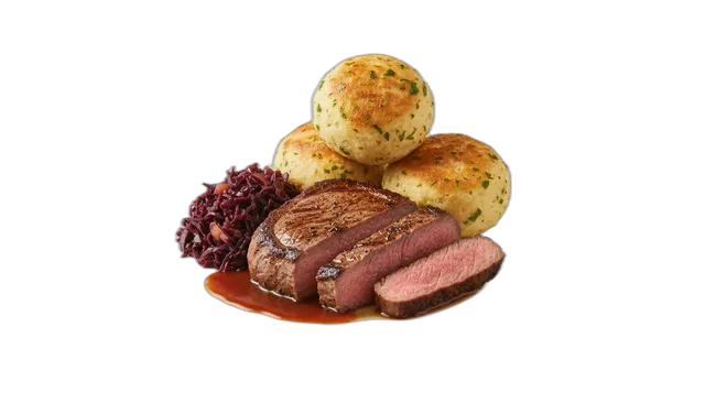 Rindersteak mit Rotkohl und Semmelknödeln