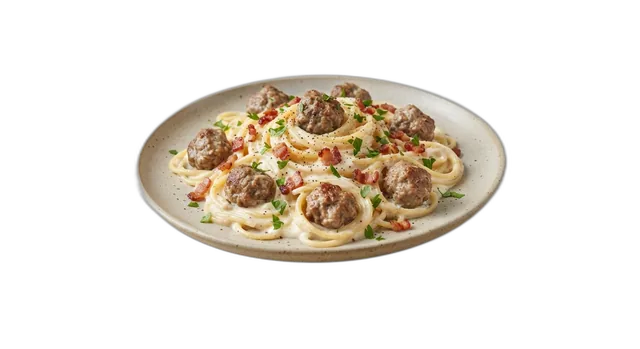 Spaghetti mit Fleischbällchen, Sahnesauce und Speck
