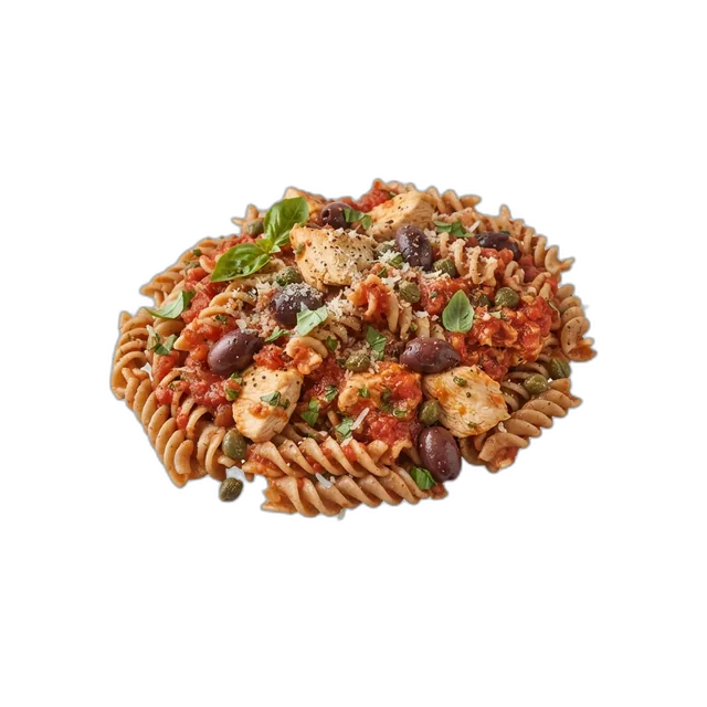 Vollkornnudeln mit Hähnchen, Tomatensauce, Oliven und Kapern