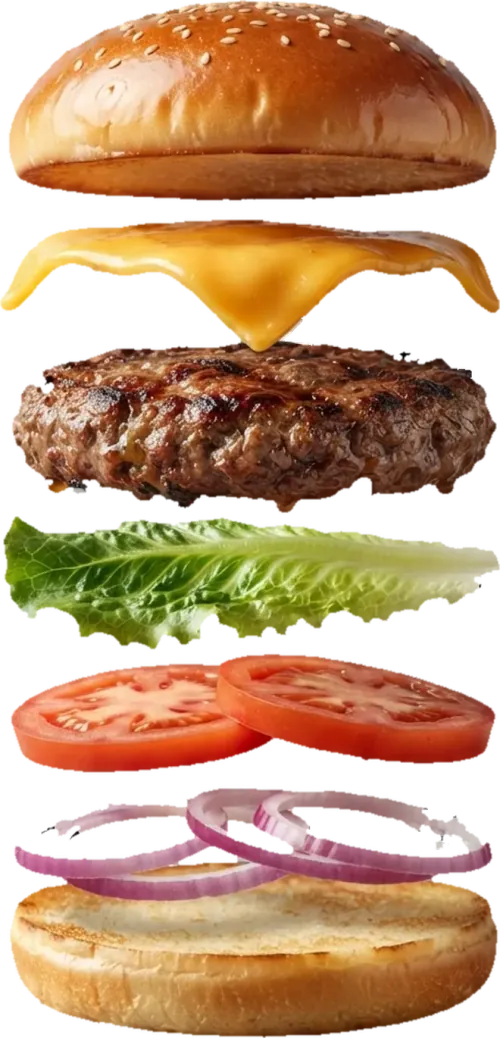 Aufgefächerter Cheeseburger: Brötchen, Käse, Patty, Salat, Tomate, Zwiebel