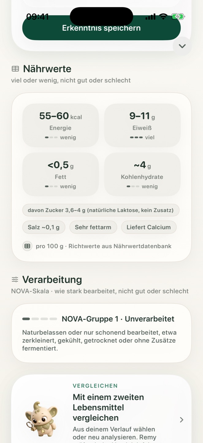 Nährwerte und NOVA-Verarbeitungsgrad eines gescannten Skyr in der App Ist das gesund?