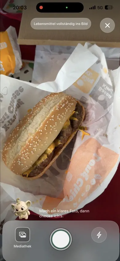 Scan-Ansicht der App: ein Cheeseburger im Kamerabild