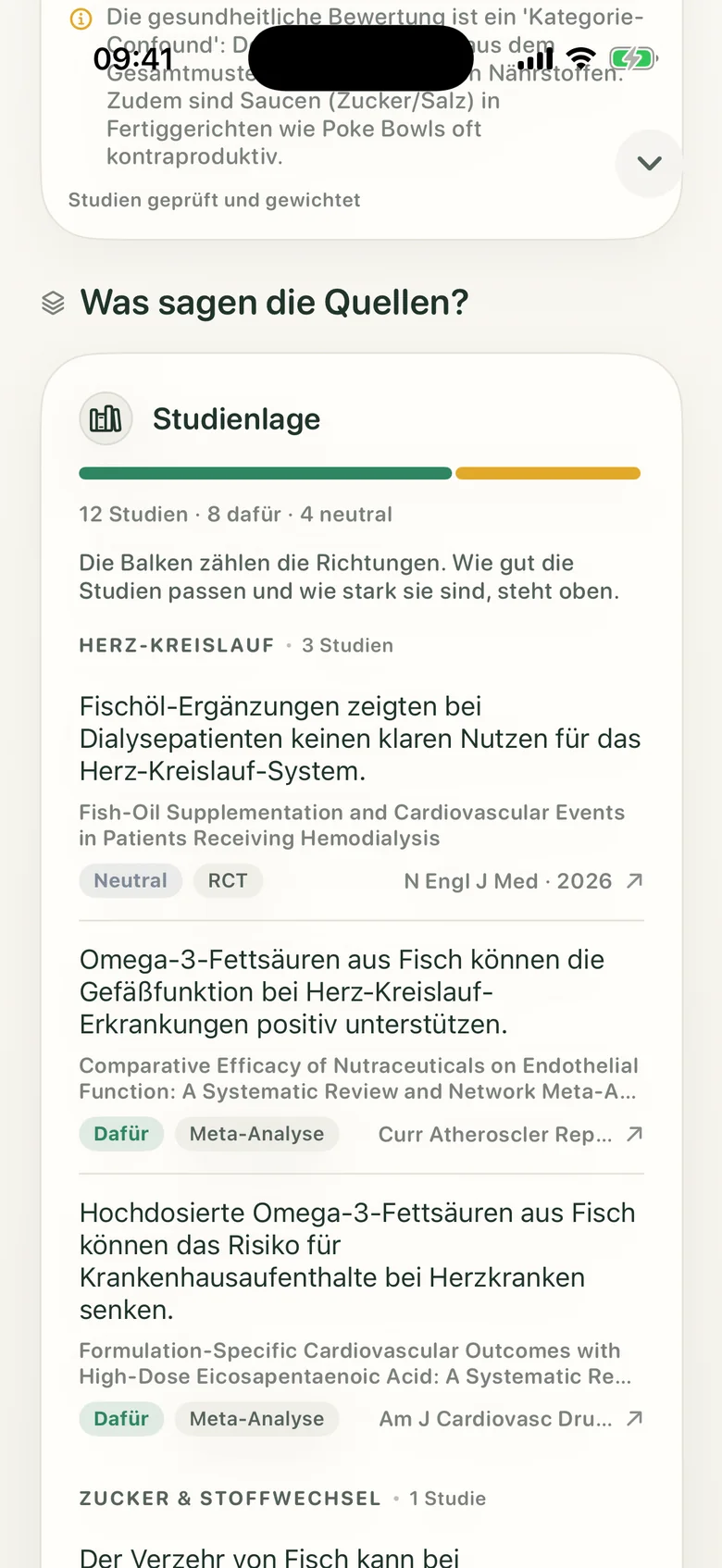 Quellenansicht der App mit Studienlage und einzelnen Originalquellen